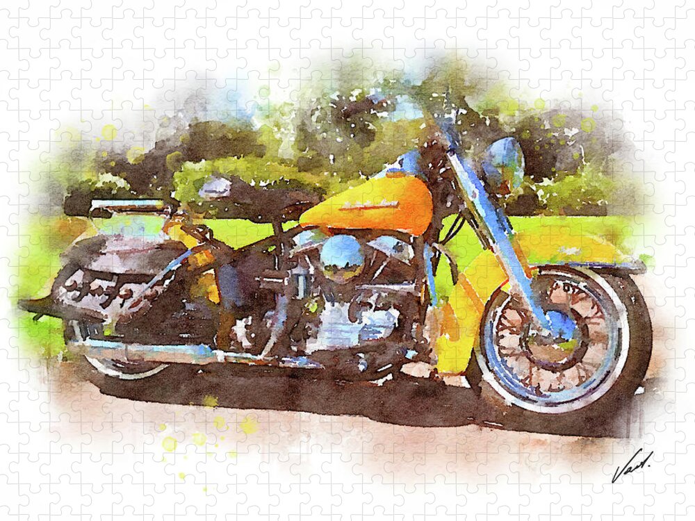 Art Jigsaw Puzzle featuring the painting Watercolor Classic Harley-Davidson Panhead by Vart. by Vart