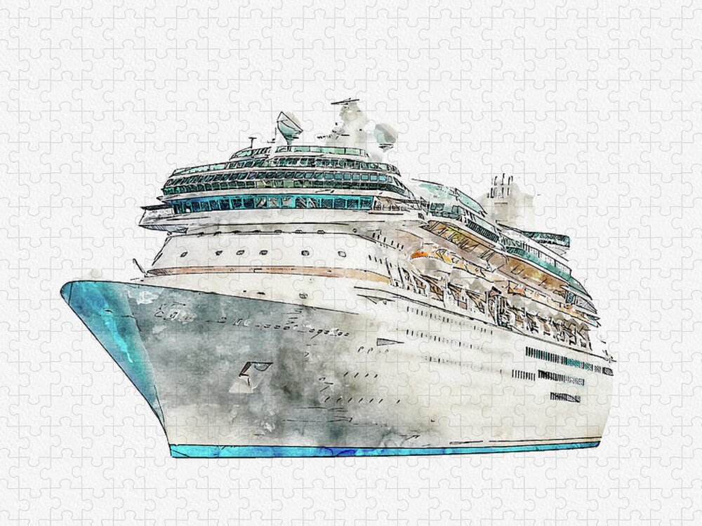 Drawing Jigsaw Puzzle featuring the digital art Watercolor drawing of cruise ship isolated on white background, modern ocean liner by Maria Kray