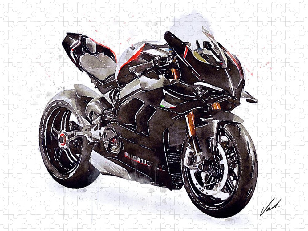 Sport Jigsaw Puzzle featuring the painting Watercolor Ducati Panigale V4SP 2022 motorcycle, oryginal artwork by Vart. by Vart Studio