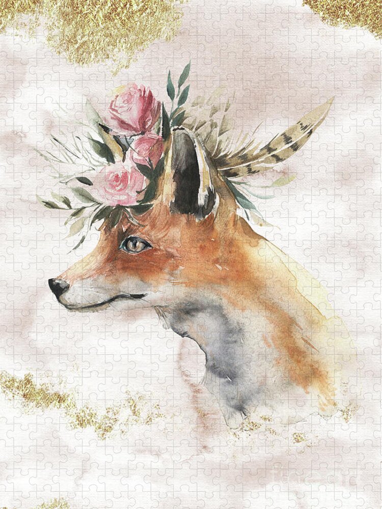 Watercolor Fox Jigsaw Puzzle featuring the painting Watercolor Fox With Flowers And Gold by Garden Of Delights