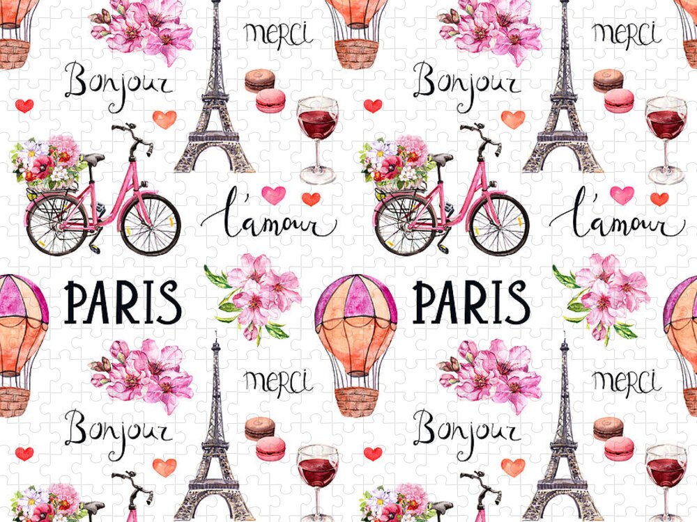 Paris Jigsaw Puzzle featuring the drawing Watercolor illustration, France style. Semless pattern with pink blossom flowers, bicycle, wine, macaroons, Eiffel tower, air balloon and french words Paris, L'amour, Merci, Bonjour by Julien