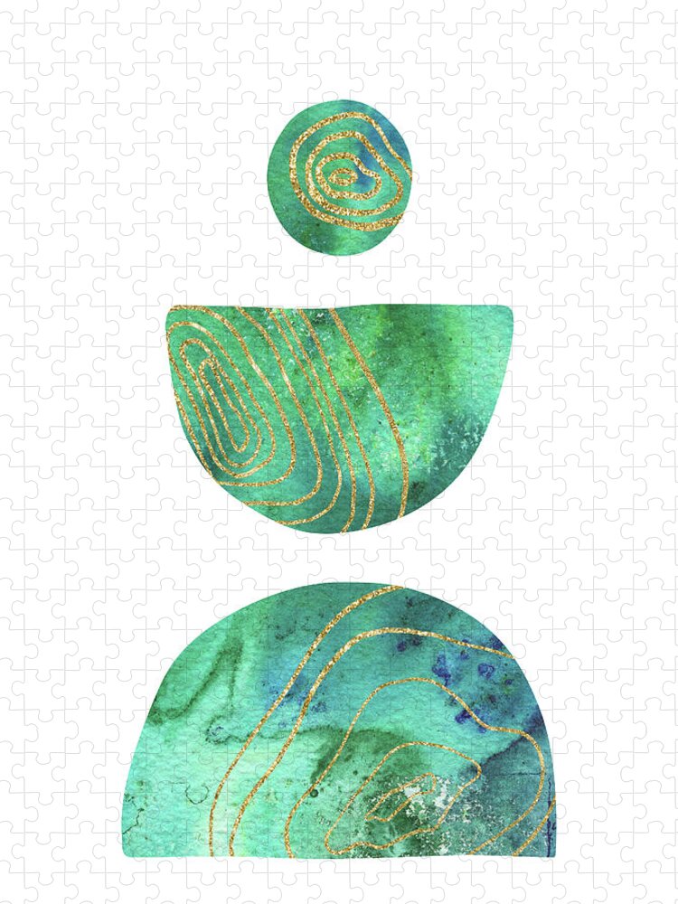 Boho Shapes Jigsaw Puzzle featuring the painting Watercolor Minimalism Boho Shapes And Silhouettes Green Blue Turquoise Zen Rocks I by Irina Sztukowski