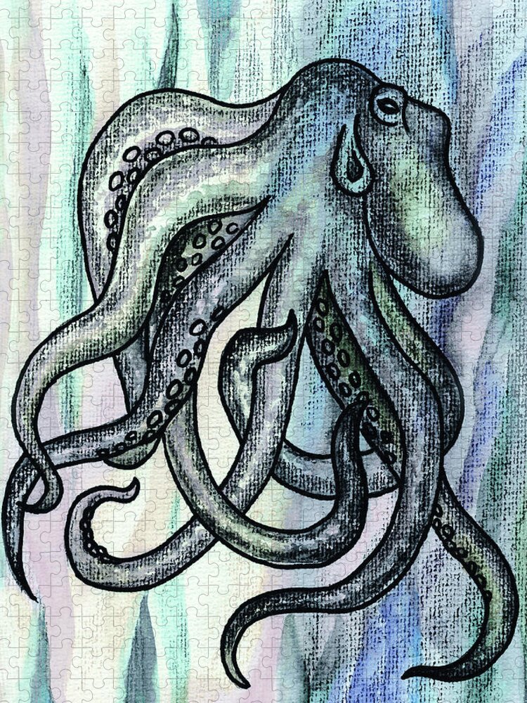 Octopus Jigsaw Puzzle featuring the painting Watercolor Octopus Beach Art Teal Blue Sea Creature by Irina Sztukowski