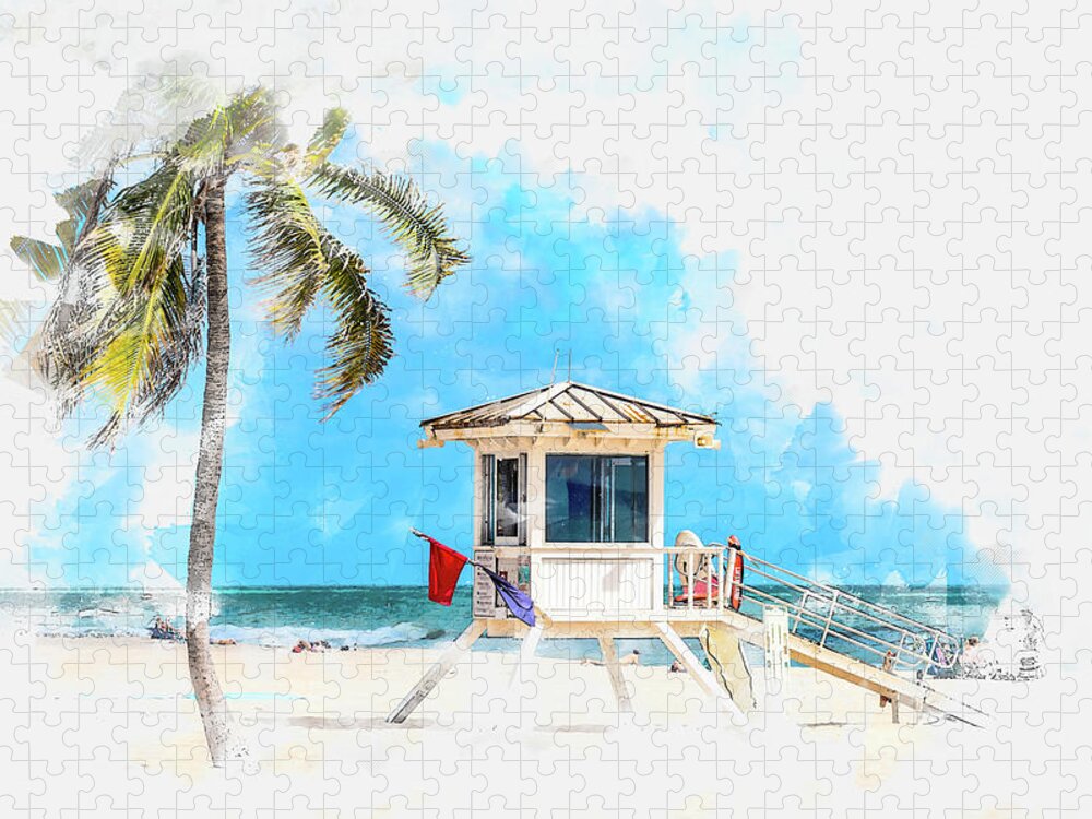 Lifeguard Tower Jigsaw Puzzle featuring the digital art Watercolor painting illustration of lifeguard tower in Fort Lauderdale by Maria Kray