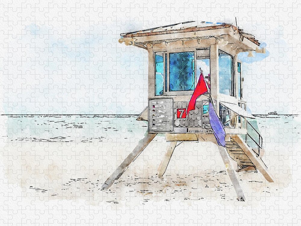Lifeguard Tower Jigsaw Puzzle featuring the digital art Watercolor painting illustration of lifeguard tower in Fort Lauderdale by Maria Kray