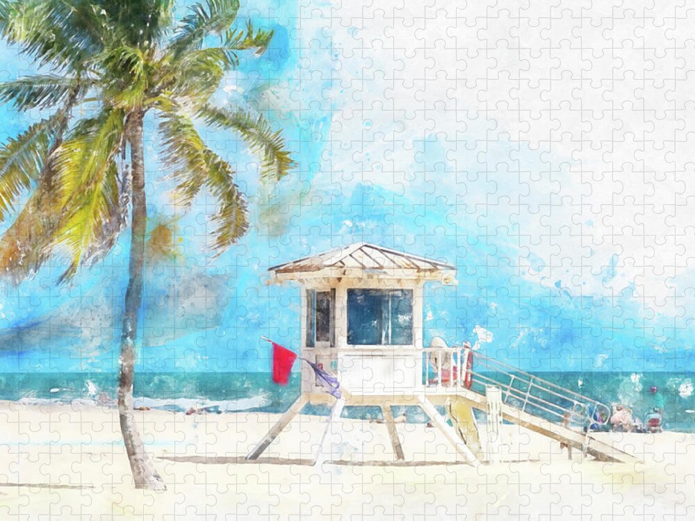 Lifeguard Tower Jigsaw Puzzle featuring the digital art Watercolor painting illustration of lifeguard tower in Miami by Maria Kray