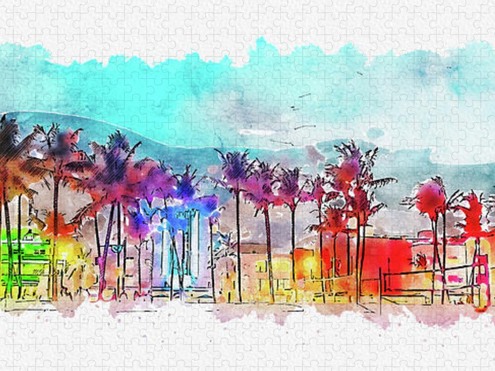 Watercolor Jigsaw Puzzle featuring the digital art Watercolor painting illustration of Miami Beach Ocean Drive panorama with hotels and restaurants at sunset by Maria Kray