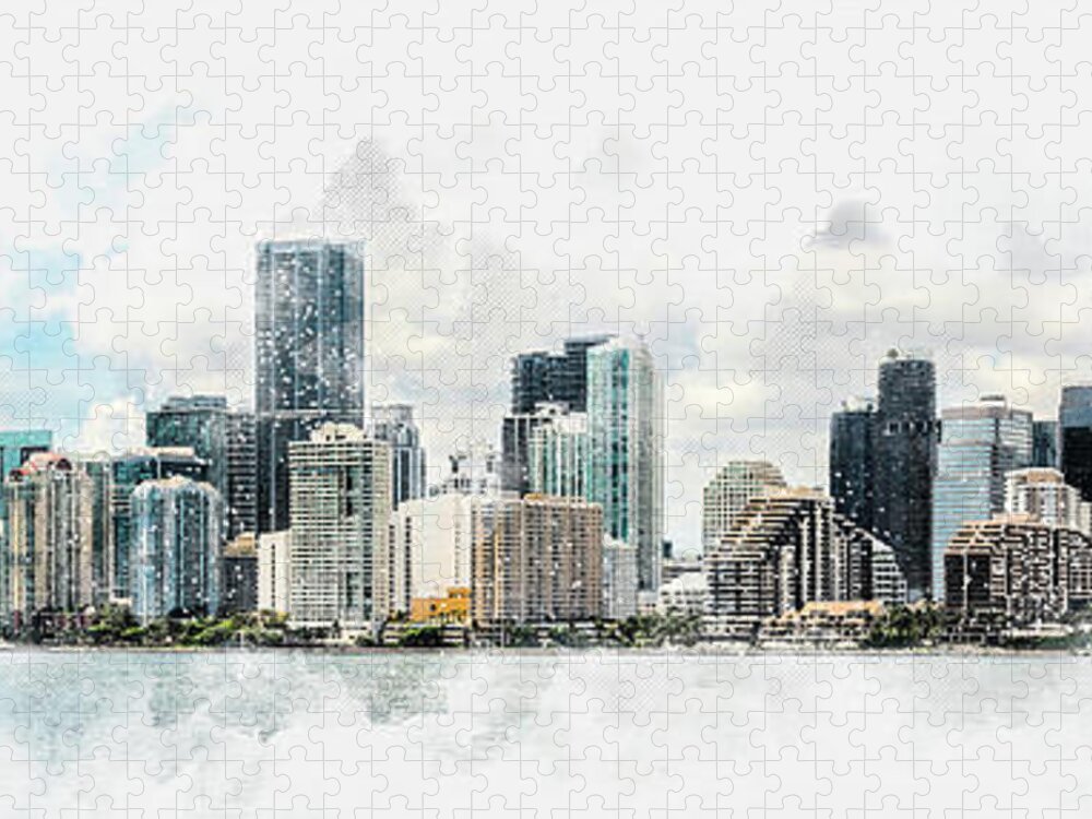Watercolor Jigsaw Puzzle featuring the digital art Watercolor painting illustration of Miami Downtown skyline in daytime with Biscayne Bay by Maria Kray