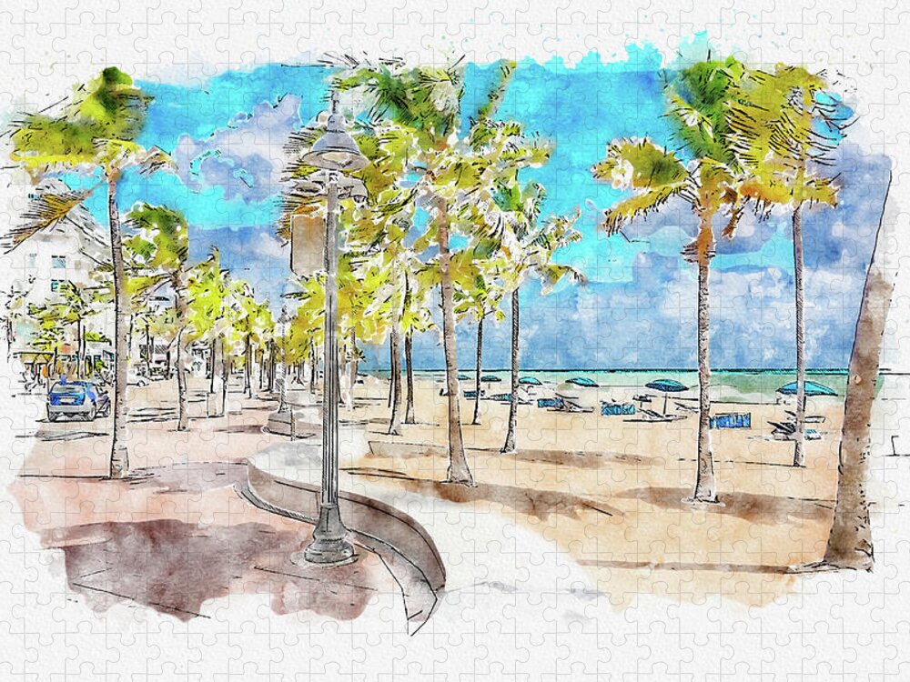 Fort Lauderdale Jigsaw Puzzle featuring the digital art Watercolor painting illustration of Seafront beach promenade with palm trees in Fort Lauderdale by Maria Kray