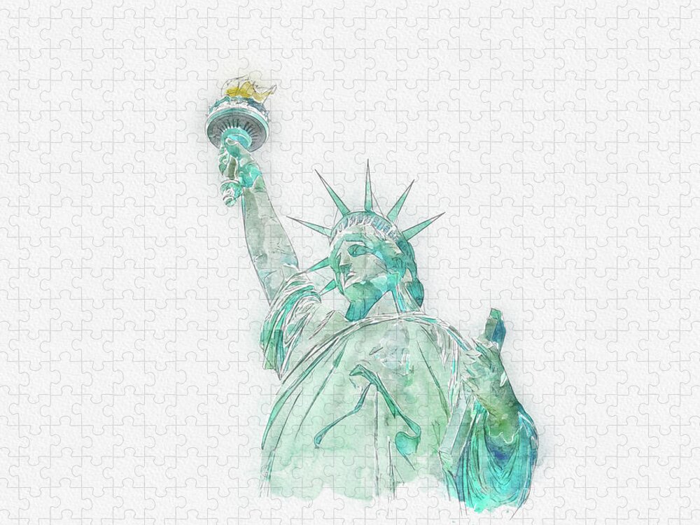 Watercolor Sketch Jigsaw Puzzle featuring the digital art Watercolor painting illustration of Statue of Liberty on white by Maria Kray