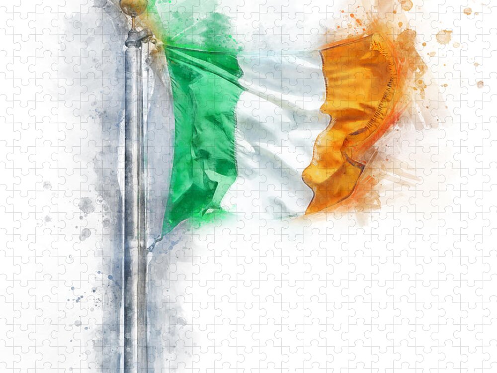 Watercolor Jigsaw Puzzle featuring the digital art Watercolor sketch of Irish flag of Ireland isolated over white background by Maria Kray