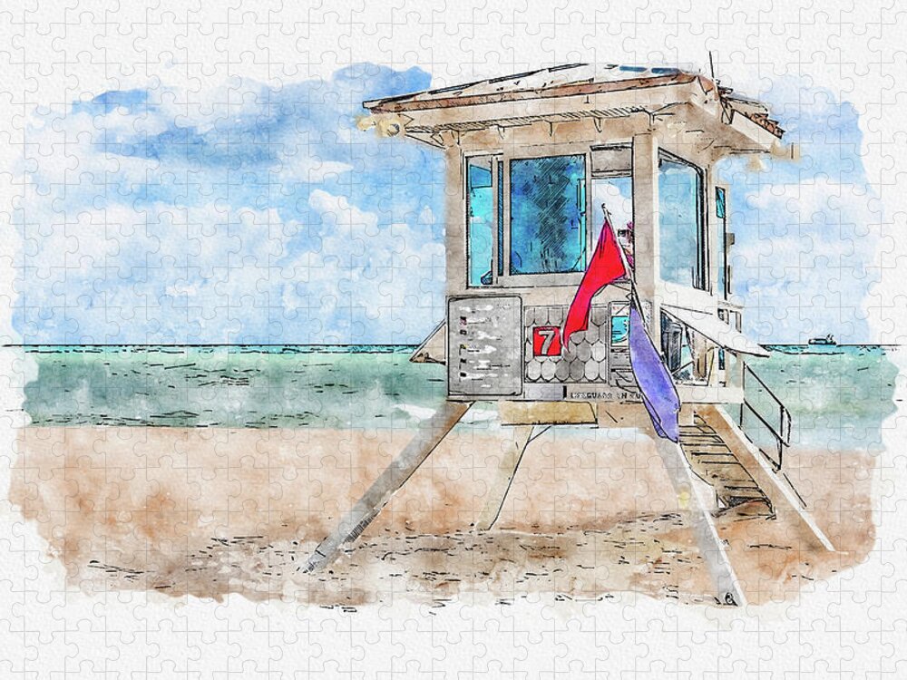 Lifeguard Tower Jigsaw Puzzle featuring the digital art Watercolor sketch of lifeguard tower in Fort Lauderdale by Maria Kray