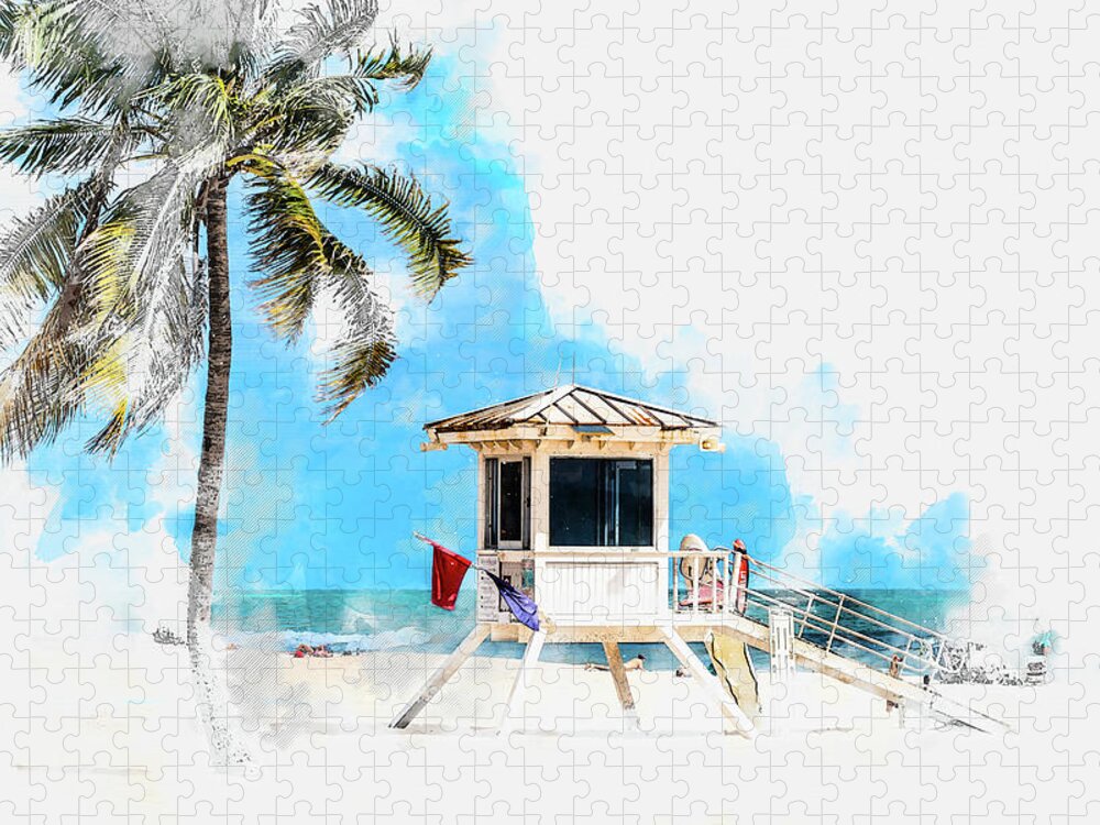 Lifeguard Tower Jigsaw Puzzle featuring the digital art Watercolor sketch of lifeguard tower in Fort Lauderdale USA by Maria Kray