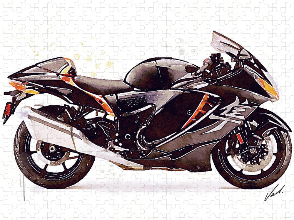 Sport Jigsaw Puzzle featuring the painting Watercolor Suzuki Hayabusa GSX 1300R motorcycle - oryginal artwork by Vart. by Vart Studio