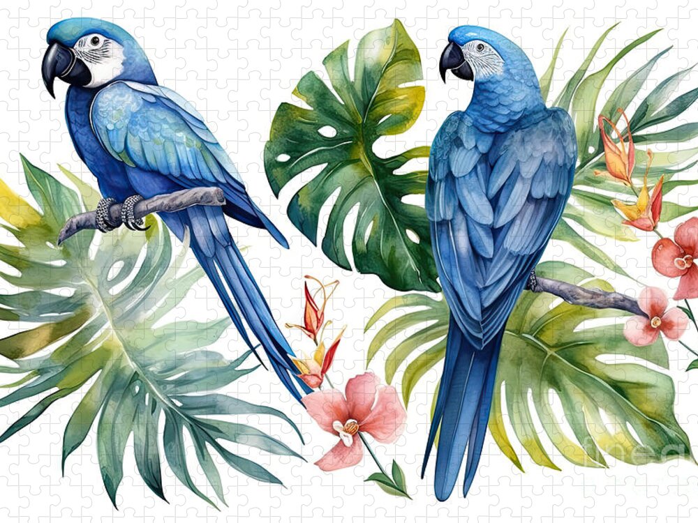 Watercolor Jigsaw Puzzle featuring the painting Watercolor tropical blue parrot and Flowers, palm, monstera. Jun by N Akkash