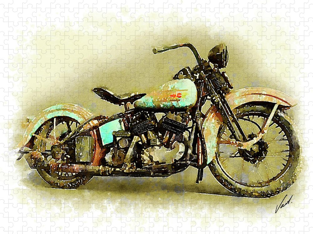 Art Jigsaw Puzzle featuring the painting Watercolor Vintage Harley-Davidson by Vart. by Vart