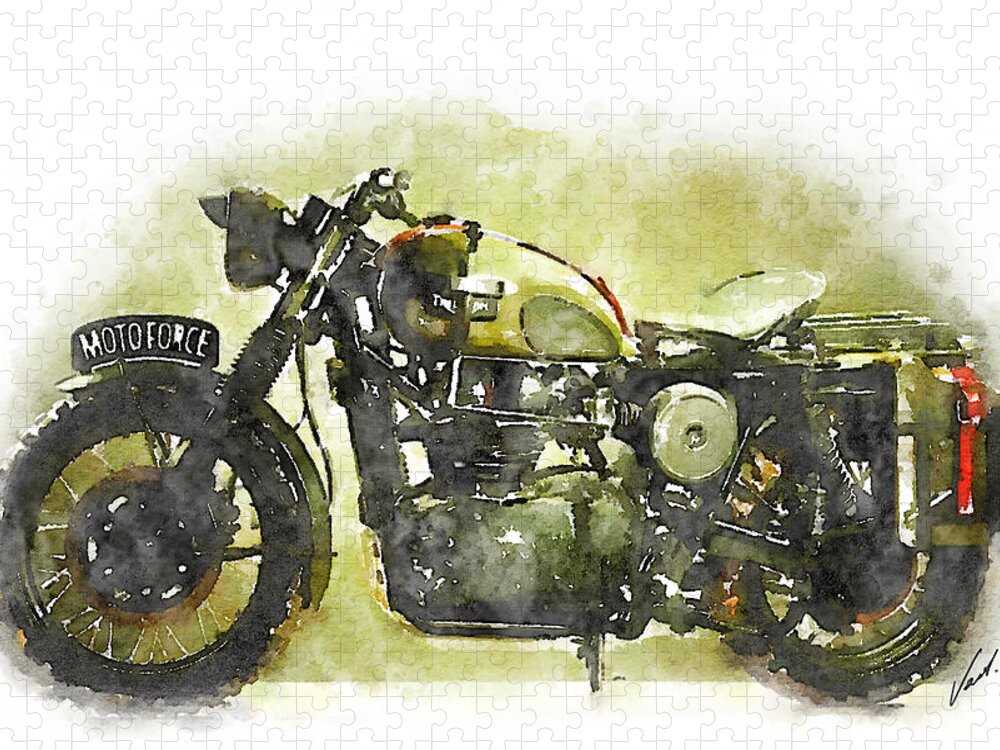 Art Jigsaw Puzzle featuring the painting Watercolor Vintage motorcycle by Vart. by Vart