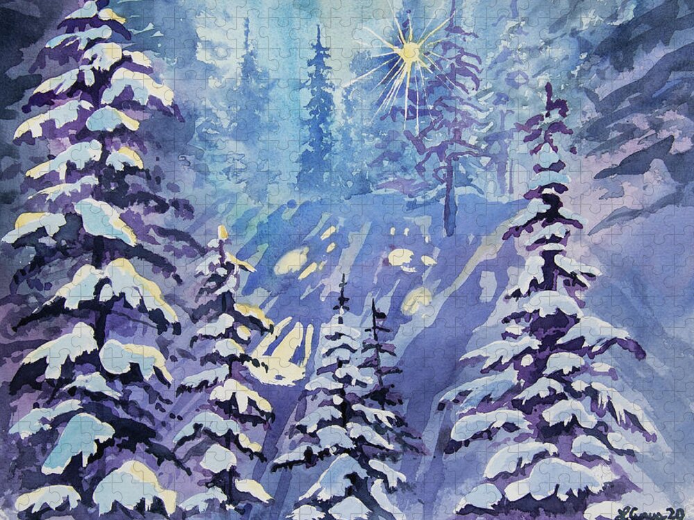 Winter Jigsaw Puzzle featuring the painting Watercolor - Winter Snowy Forest with Sunburst by Cascade Colors