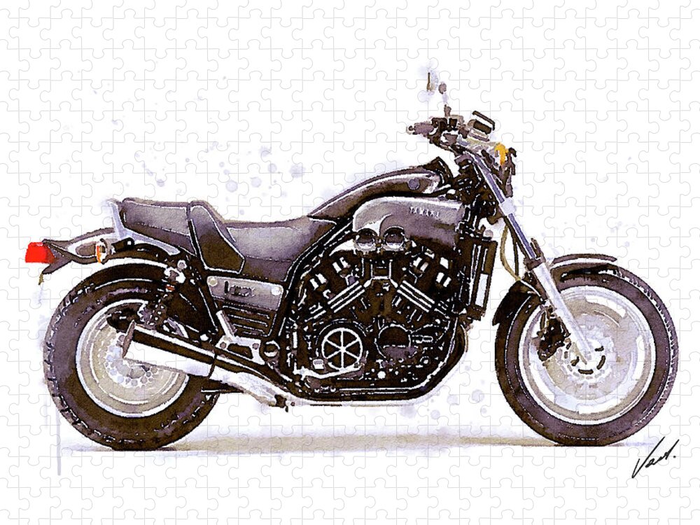 Motorcycle Jigsaw Puzzle featuring the painting Watercolor Yamaha V-MAX 1200 motorcycle, oryginal artwork by Vart. by Vart