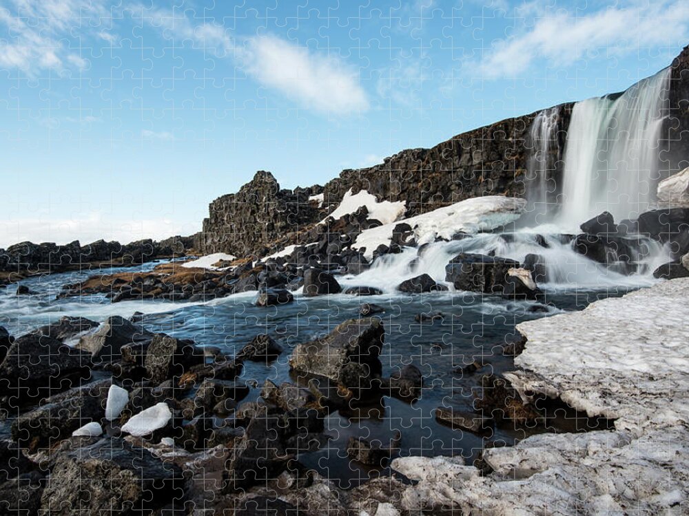 Oxararfoss Jigsaw Puzzle featuring the photograph Waterfall flowing into the river, Iceland by Michalakis Ppalis
