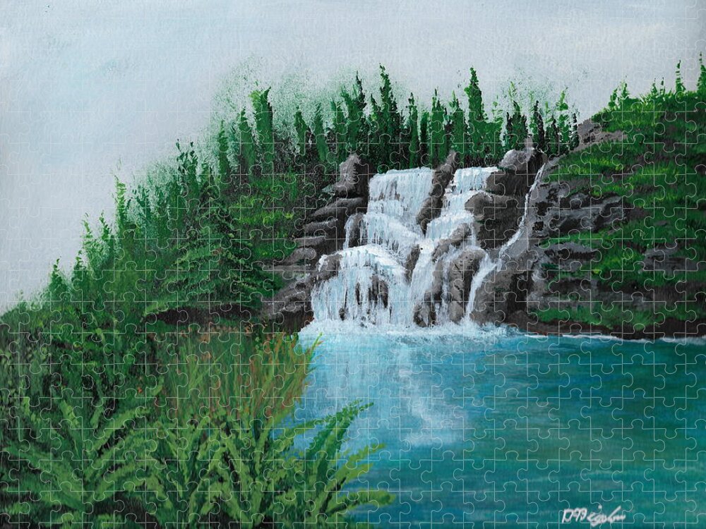 Waterfall Jigsaw Puzzle featuring the painting Waterfall On Ridge by David Bigelow