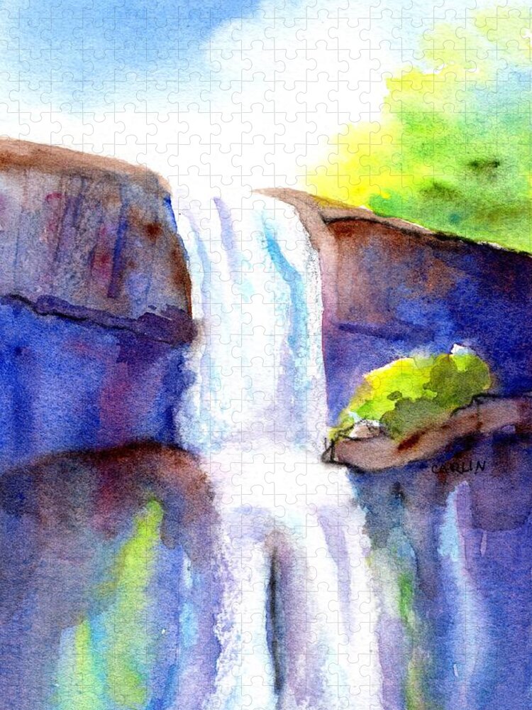 Waterfall Jigsaw Puzzle featuring the painting Waterfall Sunny Day by Carlin Blahnik CarlinArtWatercolor