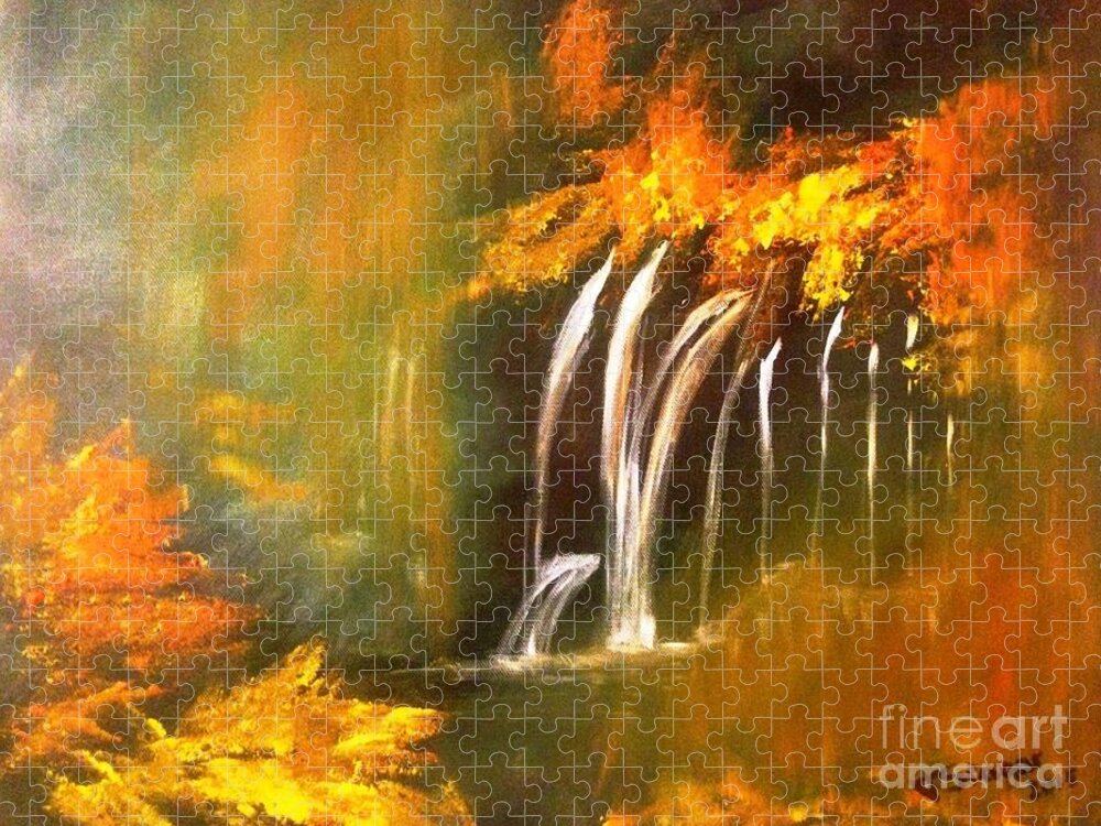 Waterfall Jigsaw Puzzle featuring the painting Waterfall by Tatiana Sragar