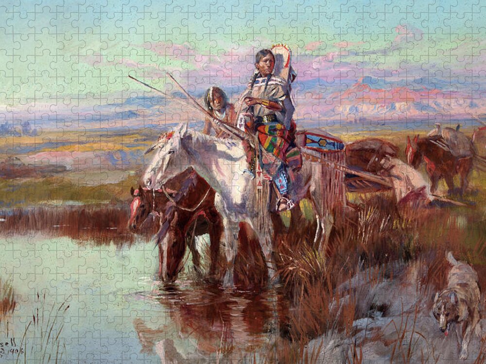 Charles Marion Russell Jigsaw Puzzle featuring the painting Waterhole, 1906 by Charles Marion Russell