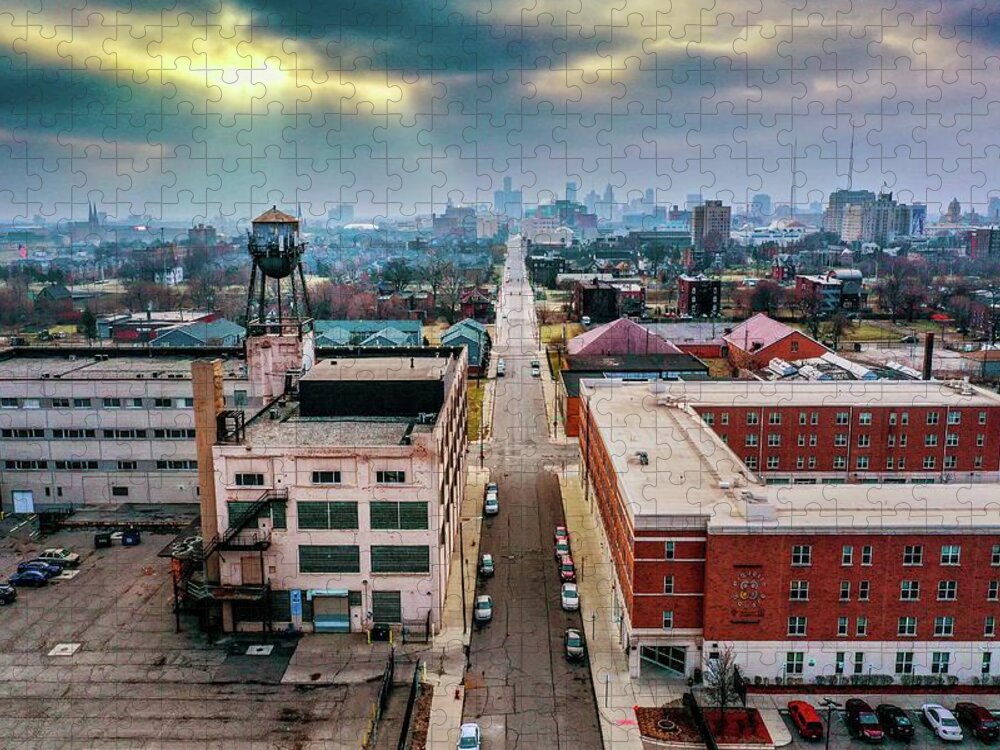 Detroit Jigsaw Puzzle featuring the photograph Watertower Skyline DJI_0690 by Michael Thomas