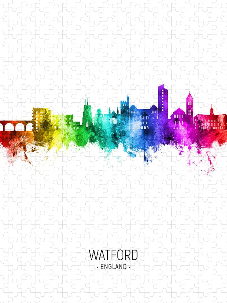 Watford Jigsaw Puzzle featuring the digital art Watford England Skyline #27 by Michael Tompsett