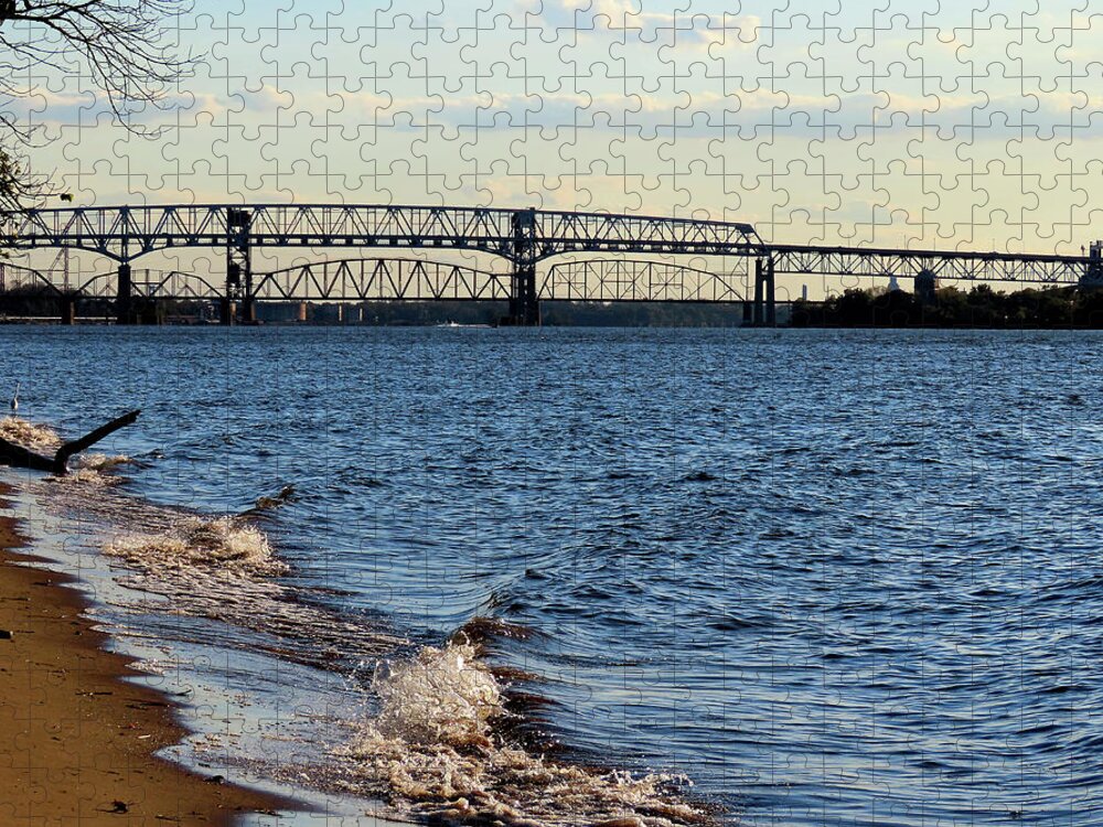 River Jigsaw Puzzle featuring the photograph Waves Lapping the Shore of the Delaware River Near Betsy Ross and Delair Memorial Railroad Bridges by Linda Stern