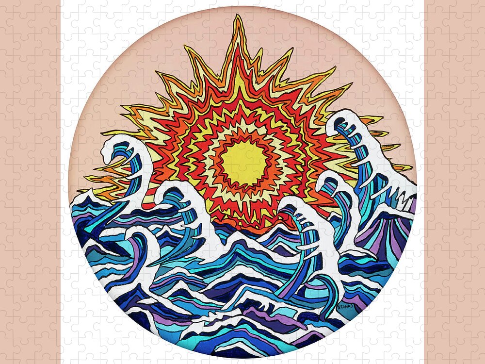 Sun Waves Ocean Jigsaw Puzzle featuring the painting Waving around the Sun by Mike Stanko