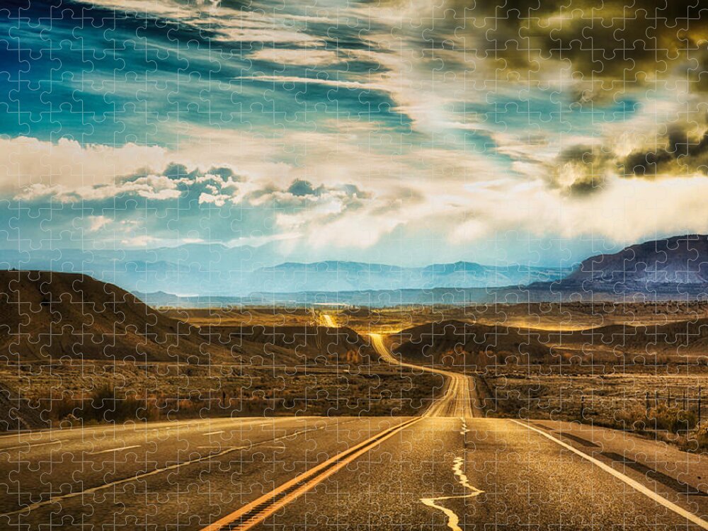 Wavy Road Jigsaw Puzzle featuring the photograph Wavy, glowing country road in Utah by Tatiana Travelways