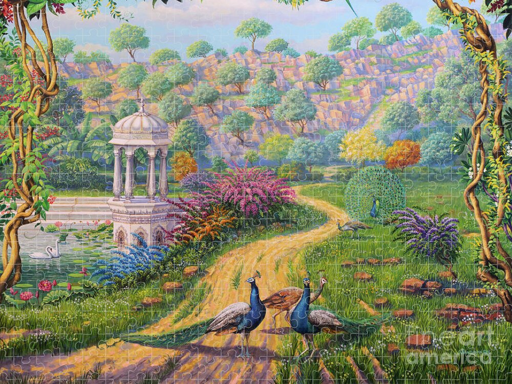 Krishna Jigsaw Puzzle featuring the painting Way to Govardhan by Vrindavan Das