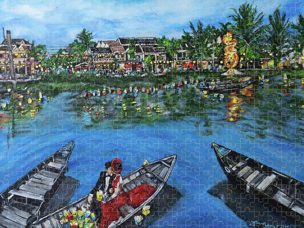 Vietnam Jigsaw Puzzle featuring the painting Wedding on the Water in Vietnam by Karen Needle