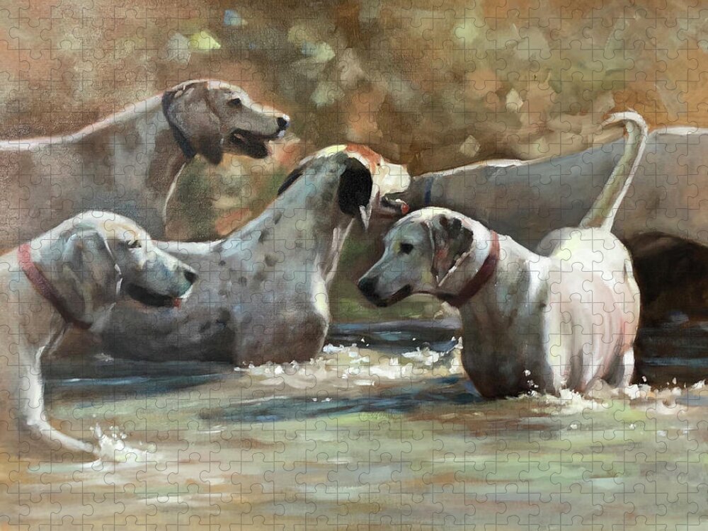 Hounds Dogs Dog Foxhunt Foxhounds Hunt Water Wading Playing Contemporary Art Painting Realism Jigsaw Puzzle featuring the painting Well Hello by Susan Bradbury