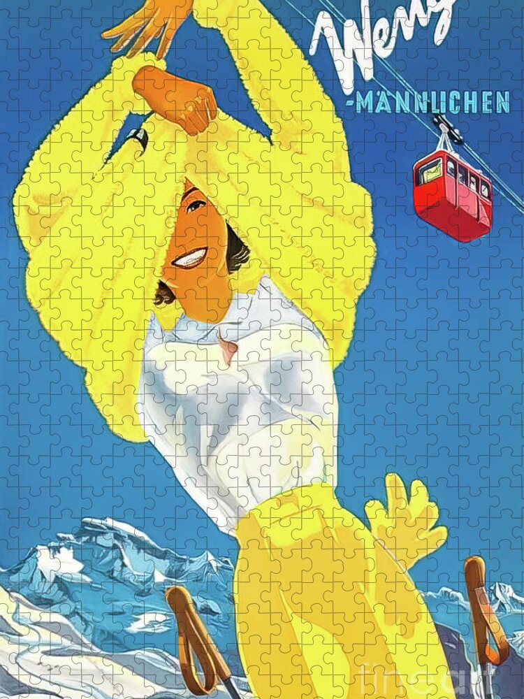 Mannlichen Jigsaw Puzzle featuring the drawing Wengen Mannlichen Switzerland Vintage Ski Poster by M G Whittingham