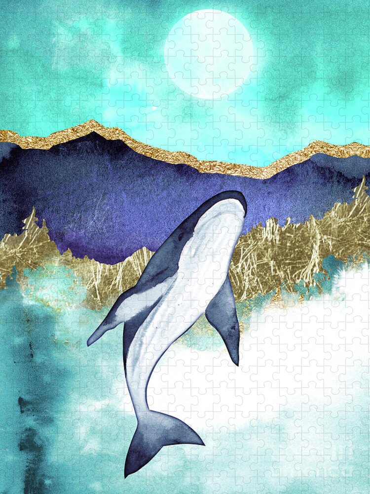 Blue Whale Jigsaw Puzzle featuring the painting Whale And Moon by Garden Of Delights