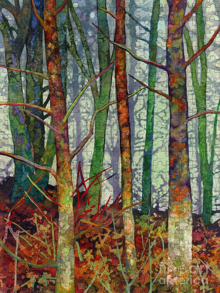 Abstract Forest Jigsaw Puzzle featuring the painting Whispering Forest by Hailey E Herrera