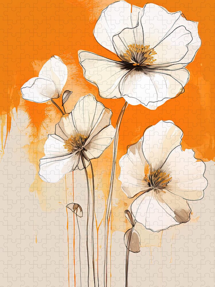 White Orchids Jigsaw Puzzle featuring the painting White and Cream Flowers Against a Beige and Orange Backdrop by Lourry Legarde