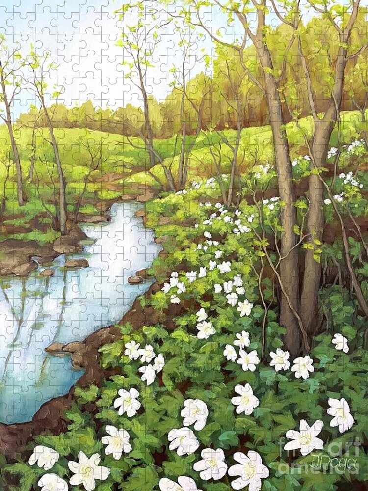 Spring Jigsaw Puzzle featuring the painting White anemones along the creek by Inese Poga