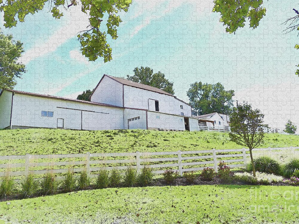 Barn Jigsaw Puzzle featuring the photograph White barn on a hill by Bentley Davis