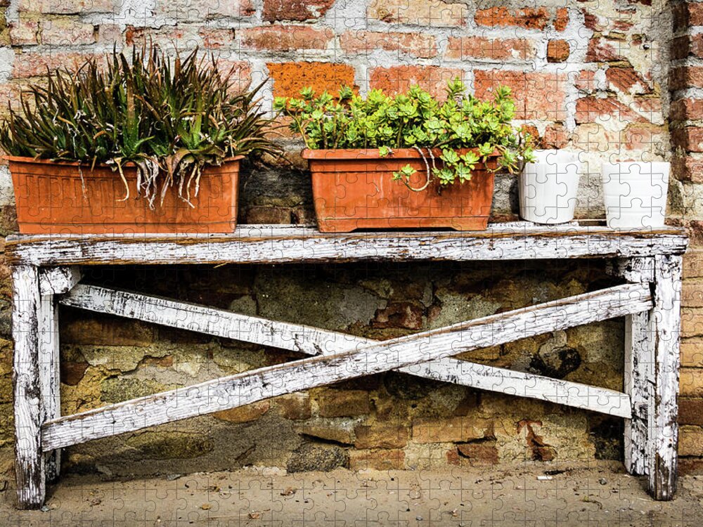 Italy Jigsaw Puzzle featuring the photograph White bench with planters by Craig A Walker