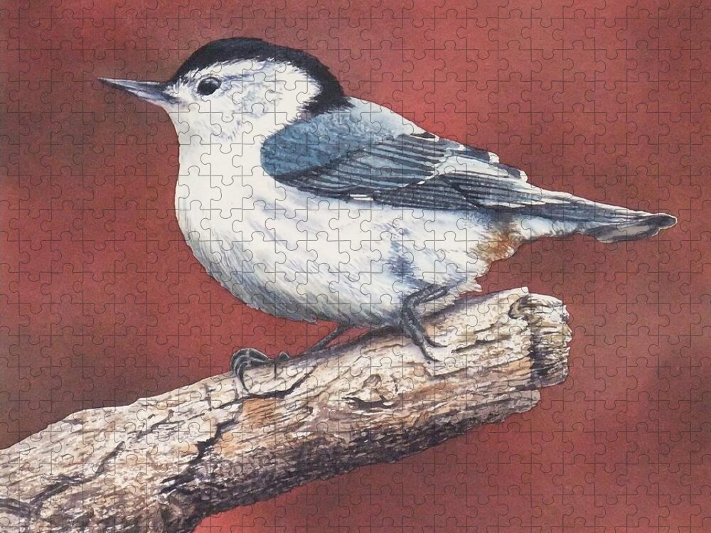 Nuthatch Jigsaw Puzzle featuring the painting White Breasted Nuthatch by Karen Richardson