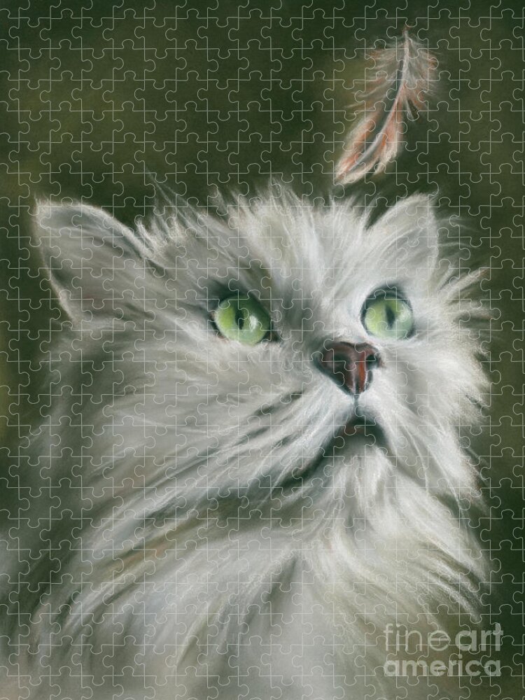 Cat Jigsaw Puzzle featuring the painting White Cat with a Feather by MM Anderson