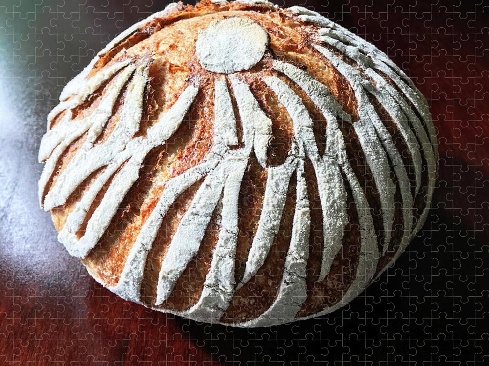 Bread Jigsaw Puzzle featuring the photograph White Flour Dusted Sourdough With 4 Score Designs. 2 by Amy E Fraser