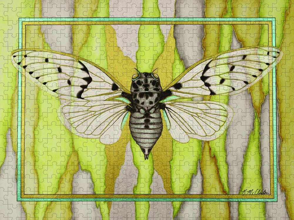 Kim Mcclinton Jigsaw Puzzle featuring the mixed media White Ghost Cicada by Kim McClinton