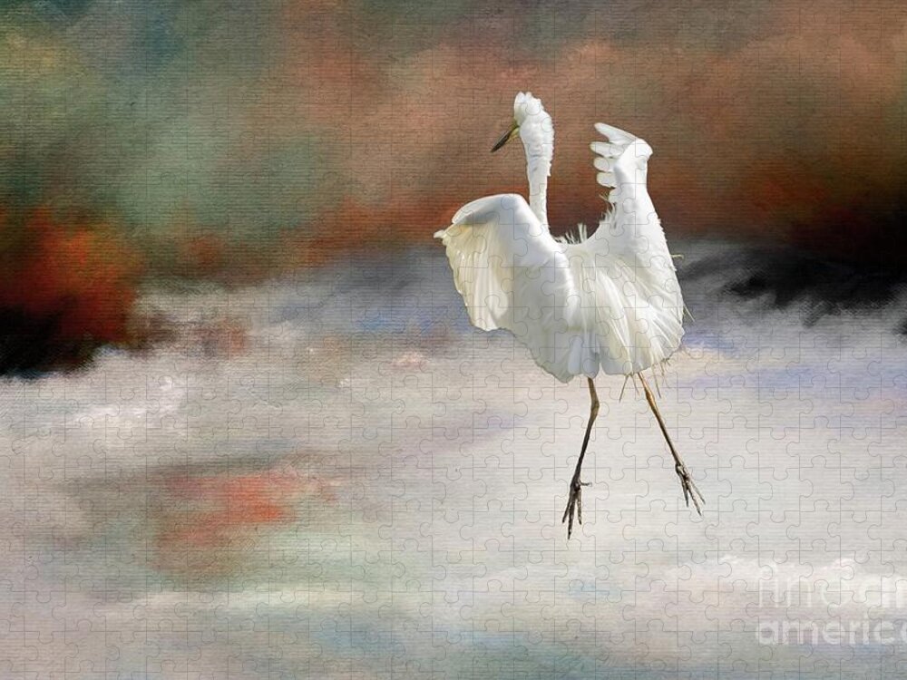 White Heron Jigsaw Puzzle featuring the mixed media White Heron Flying by Eva Lechner