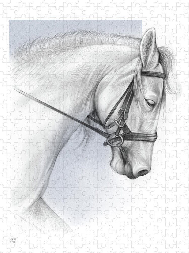 White Jigsaw Puzzle featuring the drawing White Horse by Greg Joens
