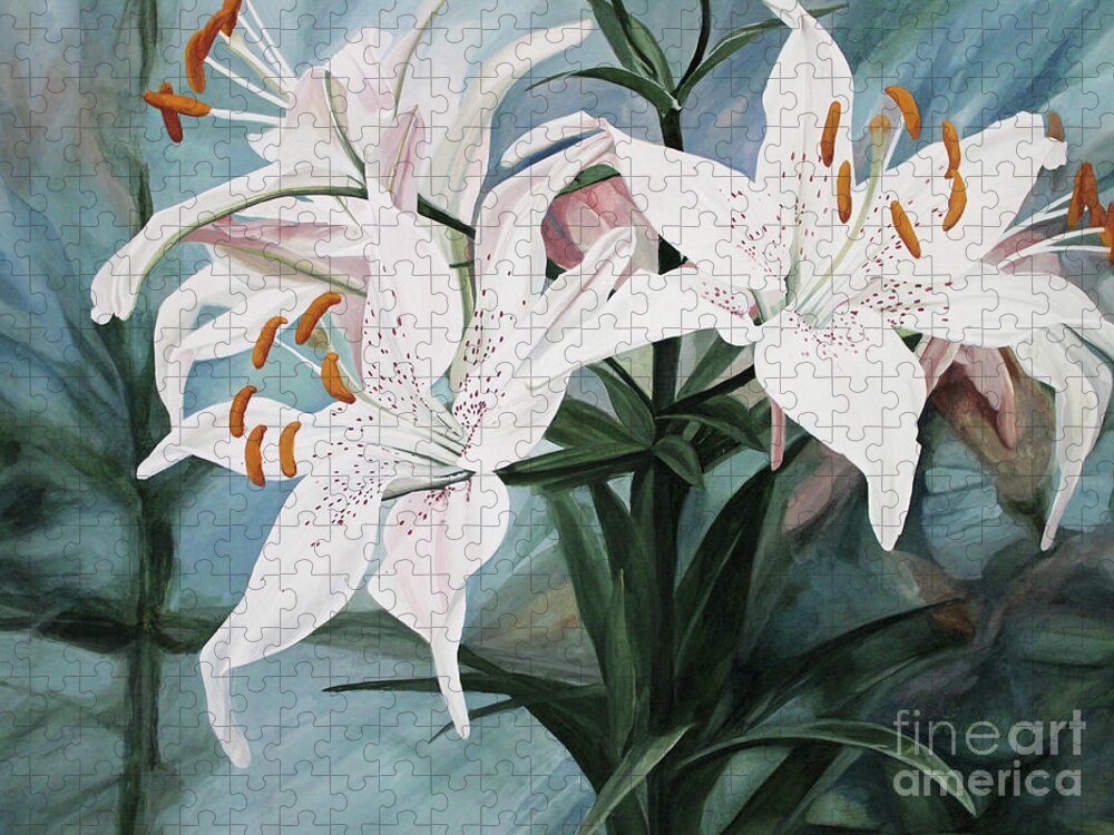 White Flower Jigsaw Puzzle featuring the painting White Lilies by Laurie Rohner